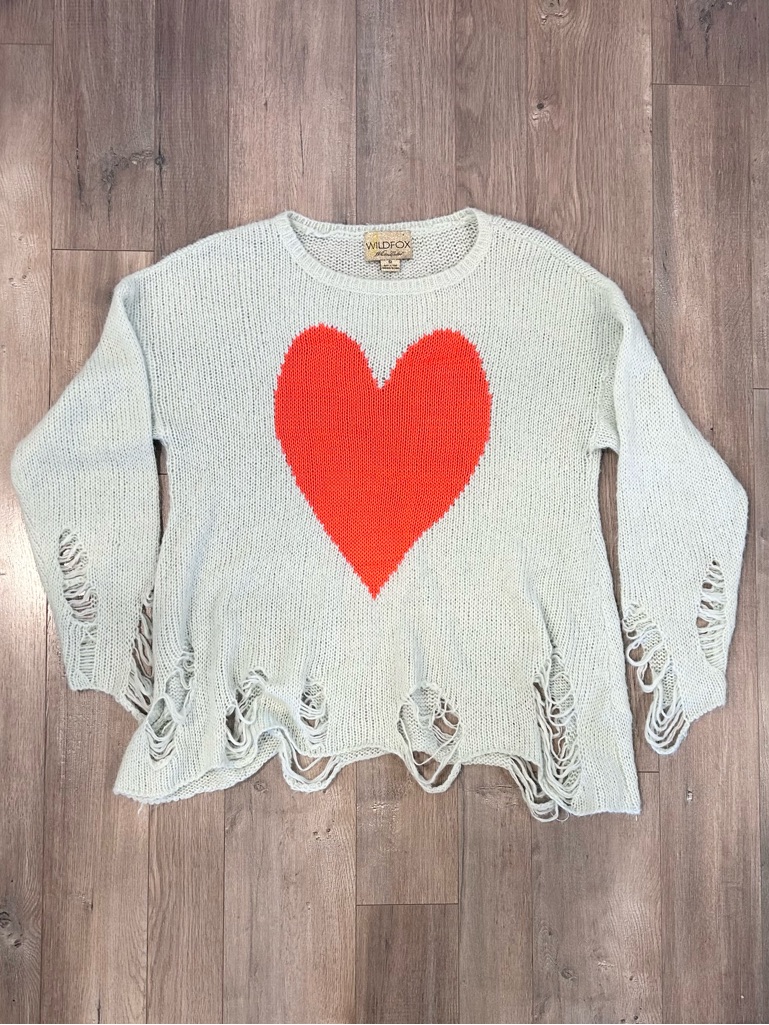 Wildfox Cream Knit Sweater With Bright Red Heart Accent
